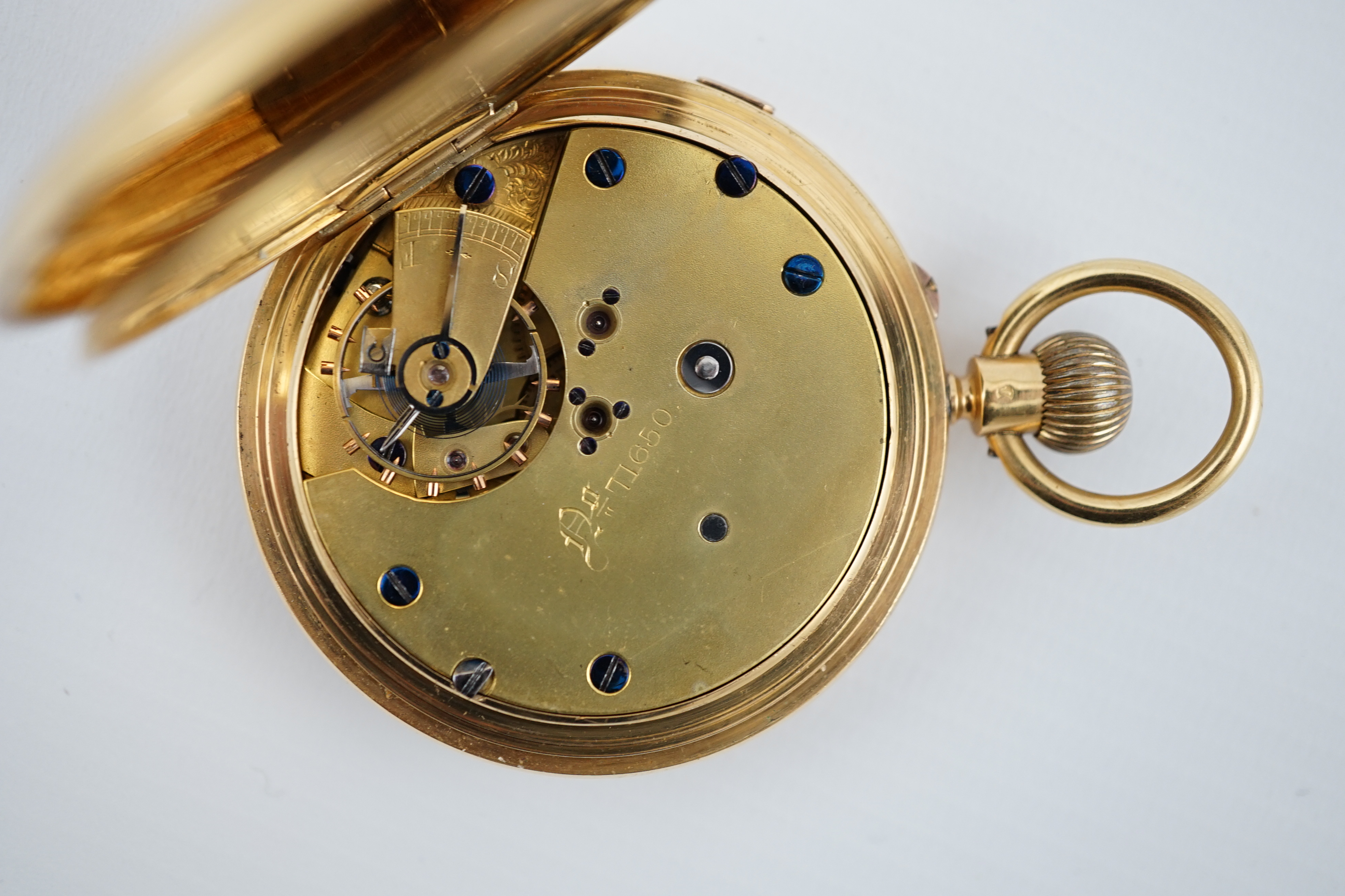 A late Victorian 18ct gold half hunter chronograph keyless pocket watch